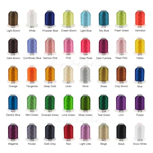 May include: A color chart of embroidery thread spools in various colors, including light brown, white, Prussian blue, cream brown, and light blue. Each spool is labeled with a color name and number. The chart includes a wide range of colors.
