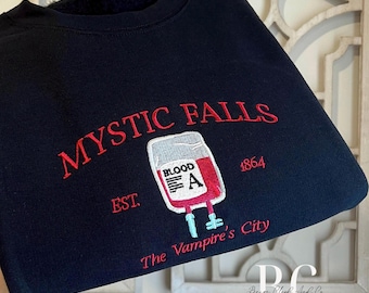 Mystic Falls Sweatshirt | Embroidered Crewneck | The Vampire City | Spooky Season | Salvatore Sweatshirt