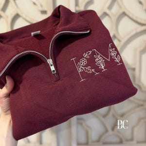 Embroidered Floral Monogram Quarter Zip, Minimal Initial Pullover, Personalized Gift