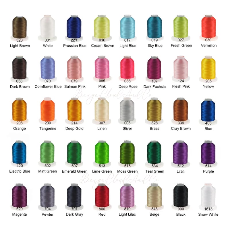 May include: A color chart of embroidery thread spools in various colors, including light brown, white, Prussian blue, cream brown, and light blue. Each spool is labeled with a color name and number. The chart includes a wide range of colors.