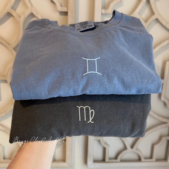Custom Zodiac Embroidered T-Shirt, Comfort Colors Astrology Tee, Minimalist Star Sign Shirt