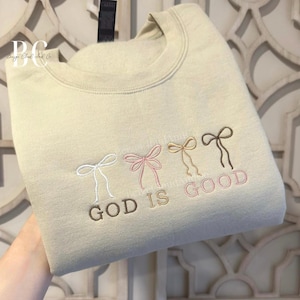 God Is Good Embroidered Sweatshirt, Christian Bow Crewneck, Faith Based Apparel, Coquette Christian Crewneck, Religious Gift, Bible Study