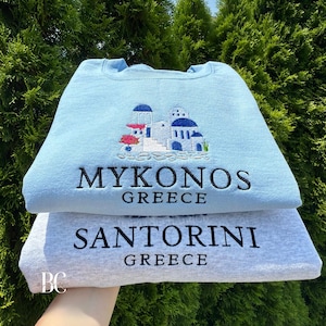 Embroidered Greece Sweatshirt | Mykonos or Santorini Design | Travel-Inspired Crewneck | Custom Vacation Souvenir | Greek Islands