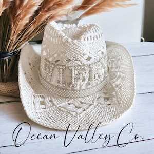 Customized pearl rhinestone white straw cowgirl hat | Bridal Gifts | Nashville Bachelorette Party | Beachy