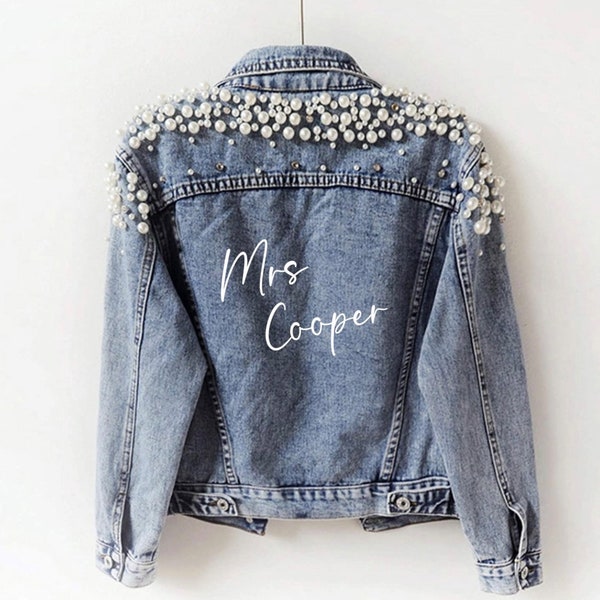 Personalized Women’s Pearls Beading Denim Jacket Loose Short Jean Coat | bridal gifts