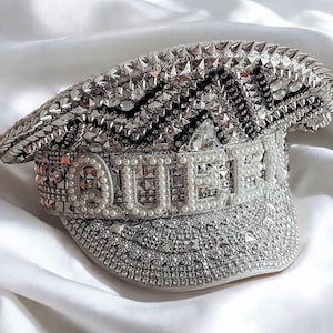 Cappello da capitano per sposa da sposa personalizzato con cappello ottagonale nero di lusso con strass, cappello da sergente per addio al nubilato e compleanno