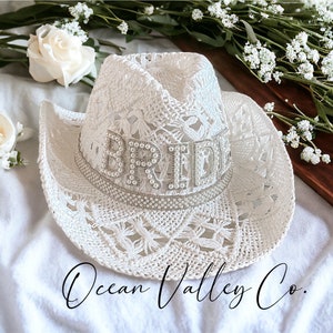 Customized pearl rhinestone white straw cowgirl hat | Bridal Gifts | Nashville Bachelorette Party | Beachy