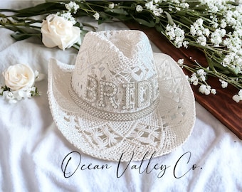 Customized pearl rhinestone white straw cowgirl hat | Bridal Gifts | Nashville Bachelorette Party | Beachy