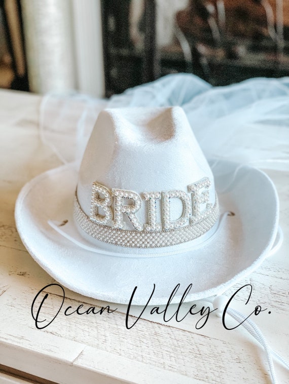 White Rhinestone Fringe COWBOY HAT Personalized With Rhinestone/pearl  Letters on the Front 