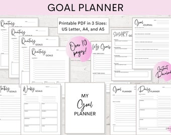 May include: A printable goal planner with pages for monthly, weekly, and quarterly goals. It also includes a page for long-term and short-term goals, a SMART goal worksheet, and a goal journal. The planner is available in three sizes: US Letter, A4, and A5.