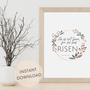 He is Not Here, For He is Risen Sign | Earth Tone Floral Wreath | Easter Print | Bible Verse Wall Art | Matthew 28:6 | INSTANT DOWNLOAD