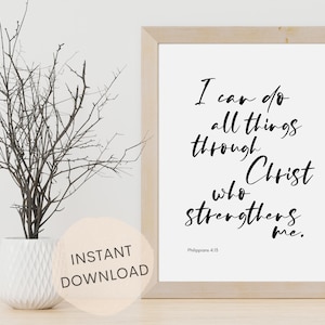 Posso fazer todas as coisas em Cristo que me fortalece | Filipenses 4:13 | Arte de parede com versículos bíblicos | Imprimível cristão | DOWNLOAD INSTANTÂNEO