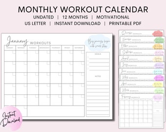 Monthly Fitness Planner Workout Calendar Printable Printable - Etsy