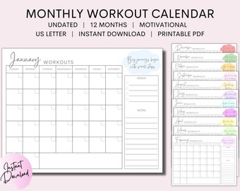 Monthly Workout Planner | Fitness Tracker | Perpetual Calendar | Motivational Quotes | Printable PDF | INSTANT DOWNLOAD