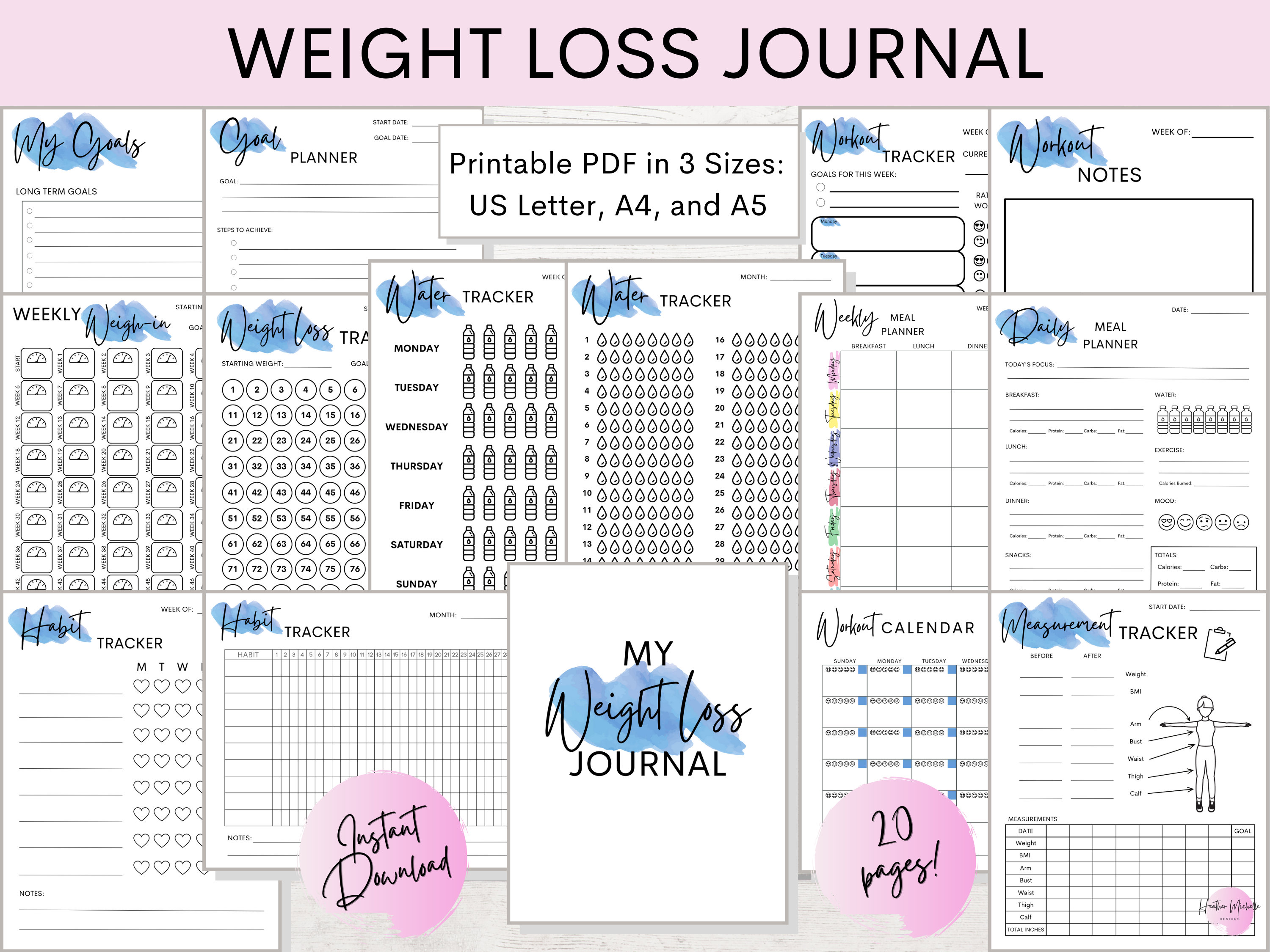 Weight Loss Journal | Fitness Planner | Printable PDF in Blue ...