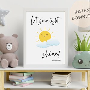 Let Your Light Shine | Matthew 5:16 | Christian Kids Wall Art Printable | Nursery Scripture Wall Art | | INSTANT DOWNLOAD