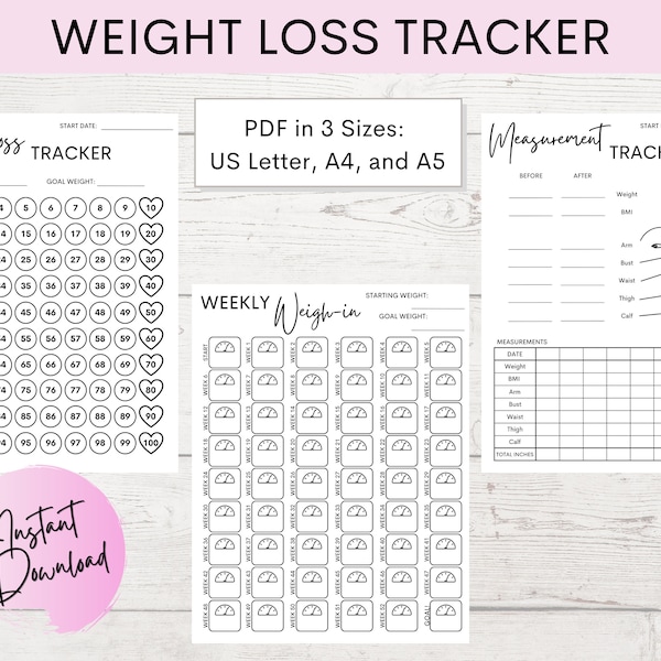 Weight Loss Tracker Bundle | Body Measurement | Printable PDF | Available in US Letter, A4, and A5 | Instant Download