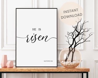 He is Risen Sign | Easter Decor | Bible Verse Wall Art Printable | Christian Wall Art | Matthew 28:6 | INSTANT DOWNLOAD