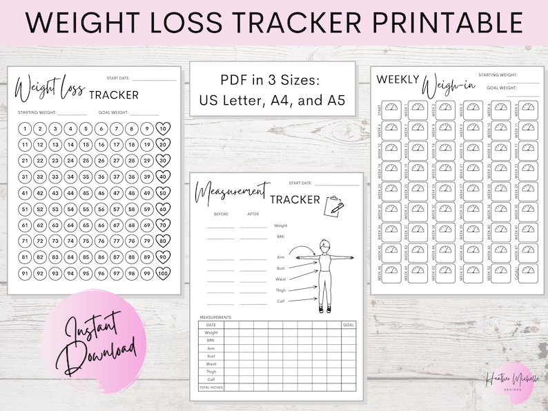 Weight Loss Tracker Printable Body Measurement Weekly Weigh in