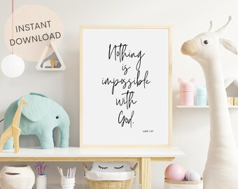 Nada es imposible para Dios / Lucas 1:37 / Decoración de habitación de niñas / Arte mural cristiano / Arte mural con versículos bíblicos imprimible / DESCARGA INSTANTÁNEA