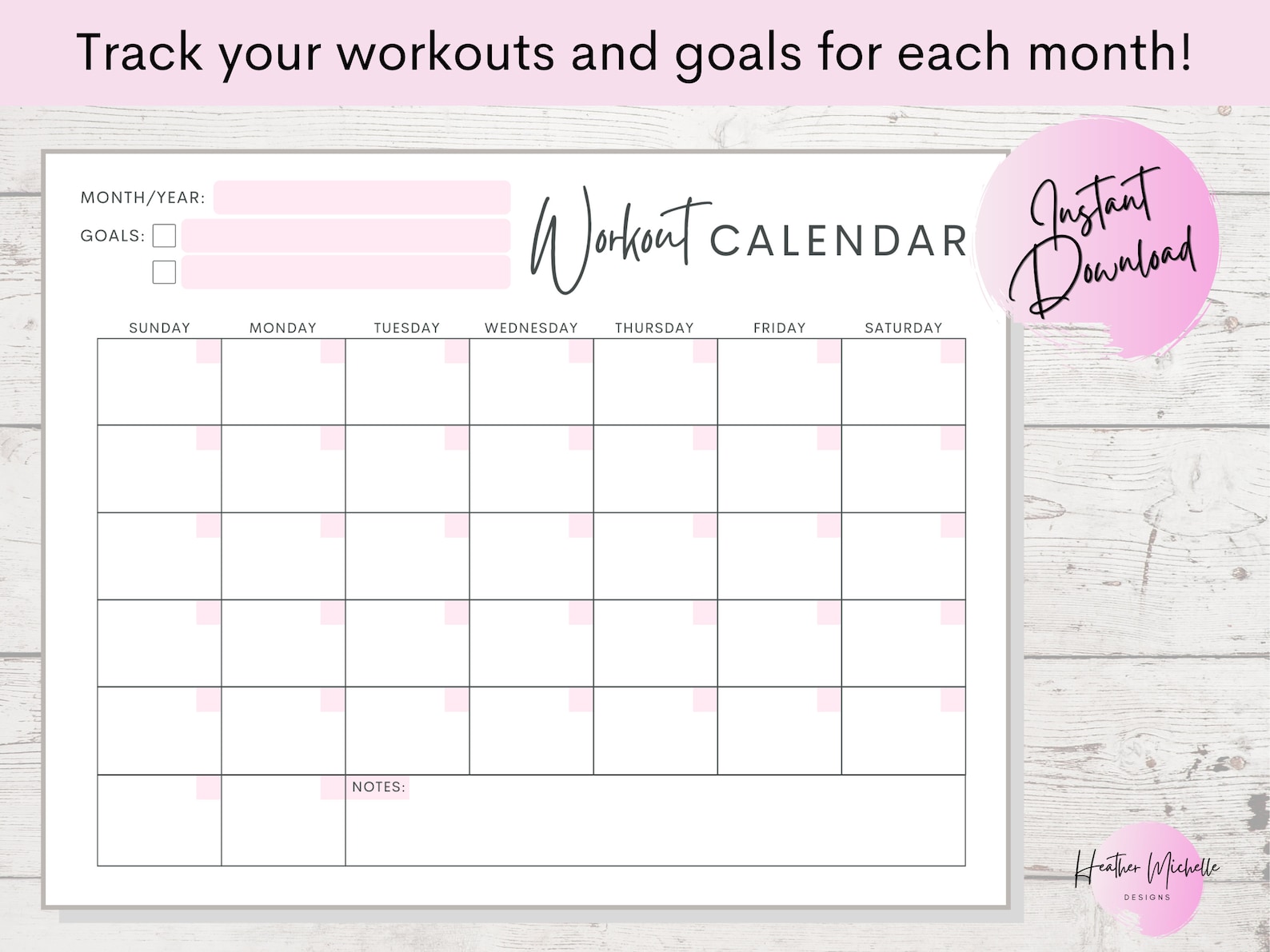 Monthly Workout Calendar | Fitness Planner | Gray, Pink, and Blue ...