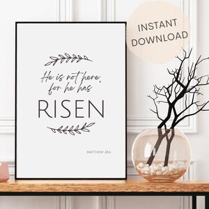 Puede incluir: Una impresión enmarcada en negro con fondo blanco y texto negro que dice "Él no está aquí, porque ha resucitado" con un diseño floral arriba y abajo del texto. El texto "MATTHEW 28:6" está debajo del diseño floral.