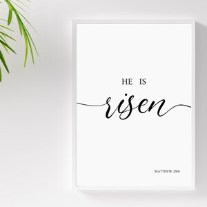 A picture frame of black text on a white background.  The bible verse "He is Risen." from Matthew 28:6.