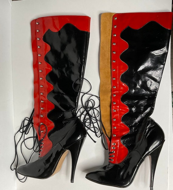 Patent leather lace up high heel boots