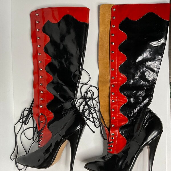 Patent leather lace up high heel boots