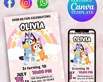 Invitación de cumpleaños de Bluey y Bingo: Plantilla editable de Canva (Descarga digital 5x7")