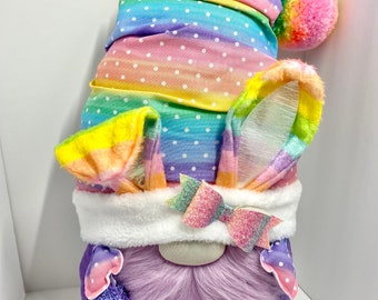 Easter Gnome Bunny, Multicolor, Rainbow, Purple, Bendable Ears, Wreath Attachment, Spring Door hanger, Easter decor,Gnome Bunny ears, 17"x8"