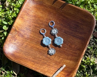 Blue Floral Huggie Earrings