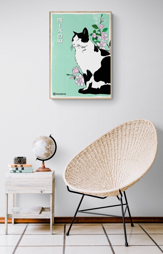 Japanese Cat Poster Japanese Style Wall Art Sakura Cat - Etsy