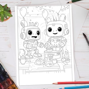 Robot Birthday Coloring Page – Cute Printable Robot Party for Kids, A4 Digital Download, Sci Fi Party Line Art for Boys or Girls