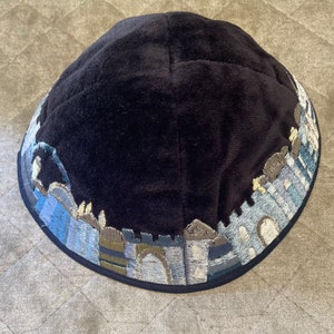Elegant Velvet Kippah with Beautiful Embroidered Old City of Jerusalem - one size fits all