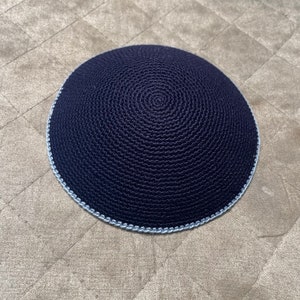 Fine crochet Navy Blue Kippah with light blue Stripe | Various Sizes Available | 100% Cotton | Superior Quality | Delicate Knitting