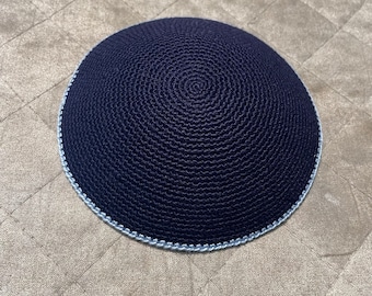 Fine crochet Navy Blue Kippah with light blue Stripe | Various Sizes Available | 100% Cotton | Superior Quality | Delicate Knitting