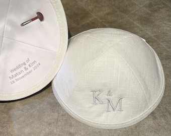 Kipot bordado em linho para casamento bar mitzva bat mitzva- kipa estampado - kipa para eventos - Kipa com clipes - kippa bordado pessoal