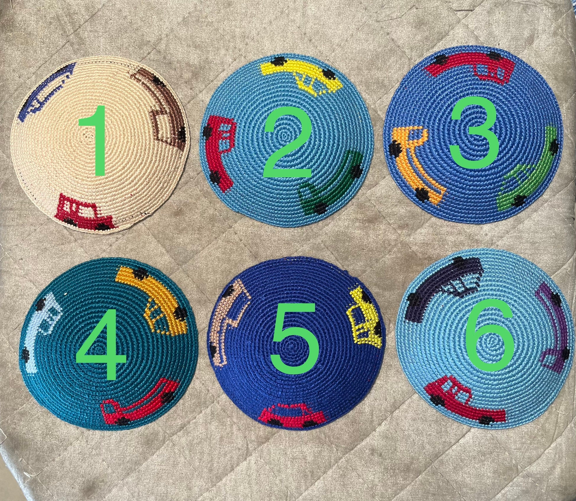Handmade 100% Cotton Crochet Kippot for Kids - Unique Car Designs - Made in Israel
