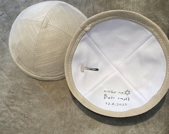 Kipot personal de lino blanco roto para bodas, bar mitzva y bat mitzva - impresión de kipot - kipot para eventos - Kipot con clips