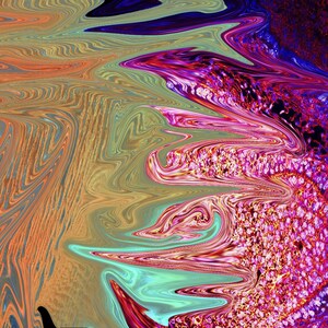 Op de afbeelding: Abstracte digitale kunst met draaiende patronen in tinten van oranje, blauw, groen, roze en paars.