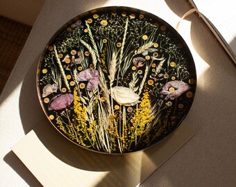 Botanical Resin Tray - Real Flowers, Wheat, Golden Rim