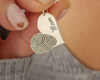 Actual Fingerprint Necklace • Engraved Fingerprint-Handwriting Jewelry •Memorial Necklace-Heart Charm-Heart Fingerprint Necklace