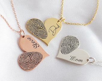 Custom Heart Fingerprint Necklace-Actual Fingerprint Necklace • Engraved Fingerprint-Handwriting Jewelry •Memorial Necklace-Heart Charm
