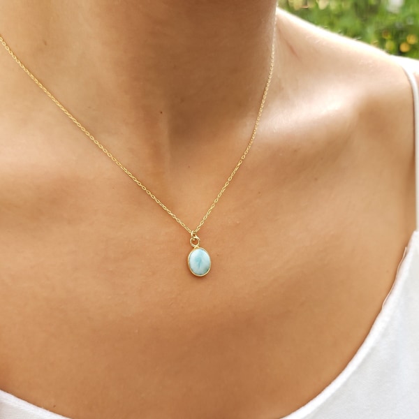 Gold Larimar Necklace  -Perfect Size Necklace-Larimar Jewelry-Birthstone Necklaces-February March August  Birthstone Necklace-Gift For Her-