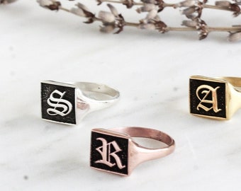 Square Signet Ring • Gold Signet Ring • Statement Ring • Custom Initial Ring • Bridesmaid Gifts-Gothic Style Initial Ring-Christmas Gifts