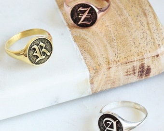 Gold Signet Ring-Initial Ring-Engraved Signet Ring-Initial Ring-Personalized Signet Ring-Letter Ring-Old English Ring-Christmas Gifts-Ring