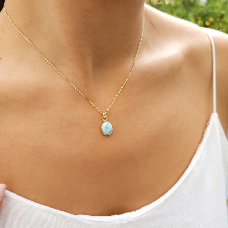 Gold Larimar Necklace Perfect Size Necklace-Larimar Jewelry-Birthstone Necklaces-February March August Birthstone Necklace-Gift For Her image 1