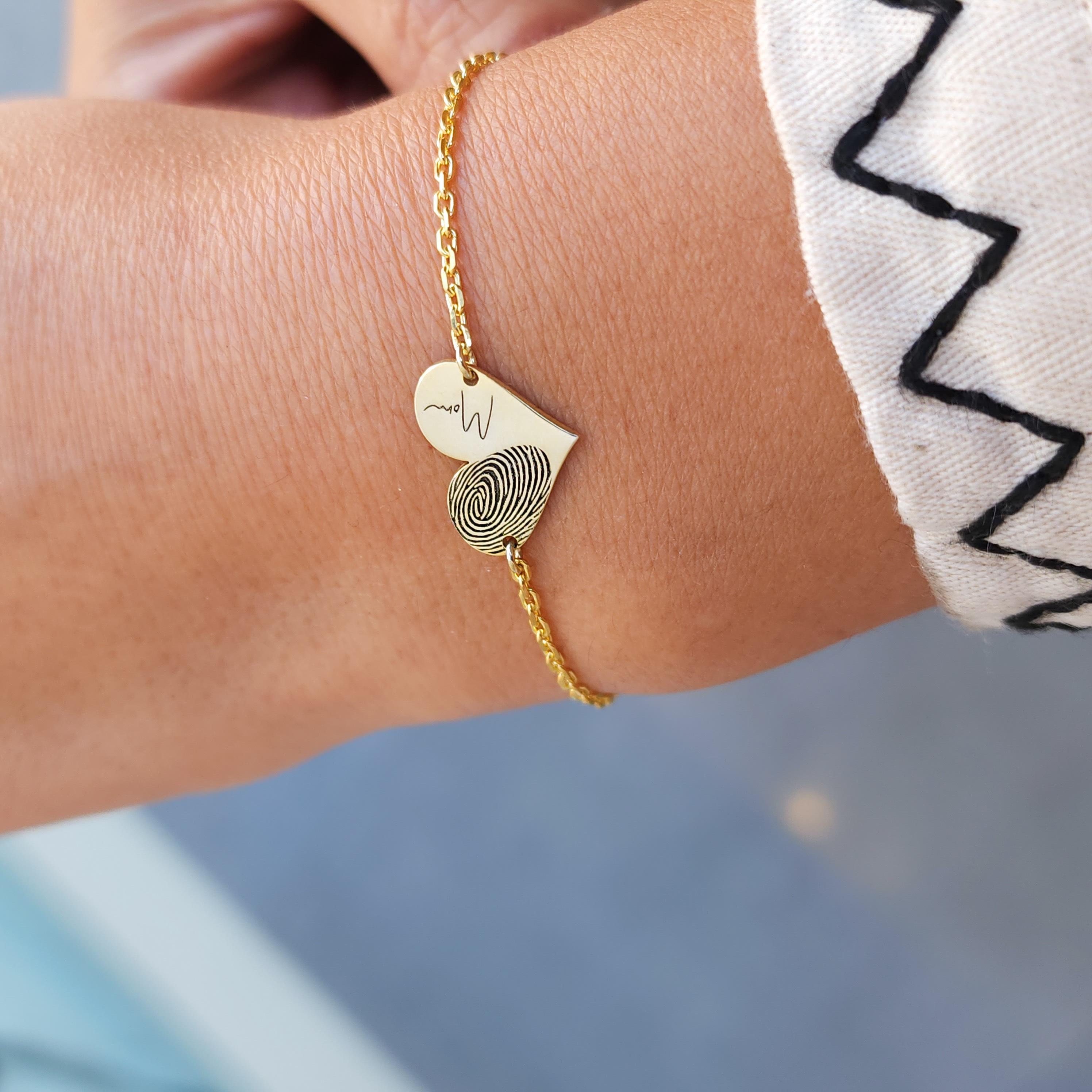 Aangepaste vingerafdruk hartarmband-sterlingzilveren fingerpirint armband-handschrift armband-gouden vingerafdruk armband-herdenkingscadeau