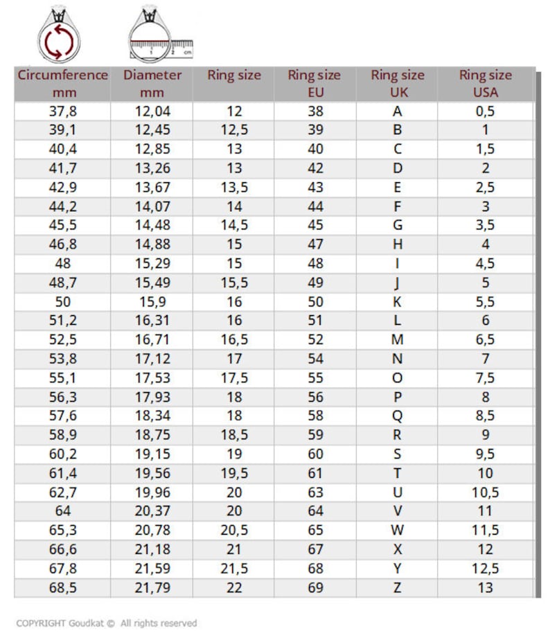 May include: A chart showing ring sizes in millimeters, US, UK, and EU sizes. The chart includes circumference, diameter, and ring size conversions.